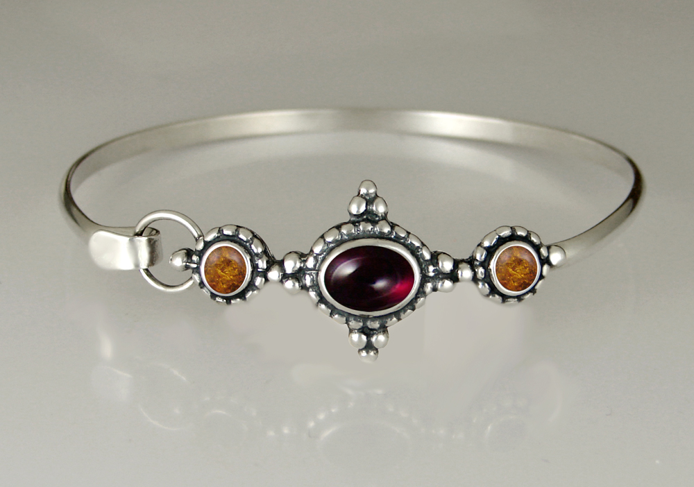 Sterling Silver Strap Latch Spring Hook Bangle Bracelet With Garnet And Amber